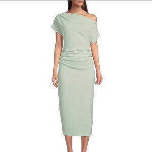 NWT Asymmetric One Shoulder Short Sleeve Ruched Midi Knit Dress in vintage mint